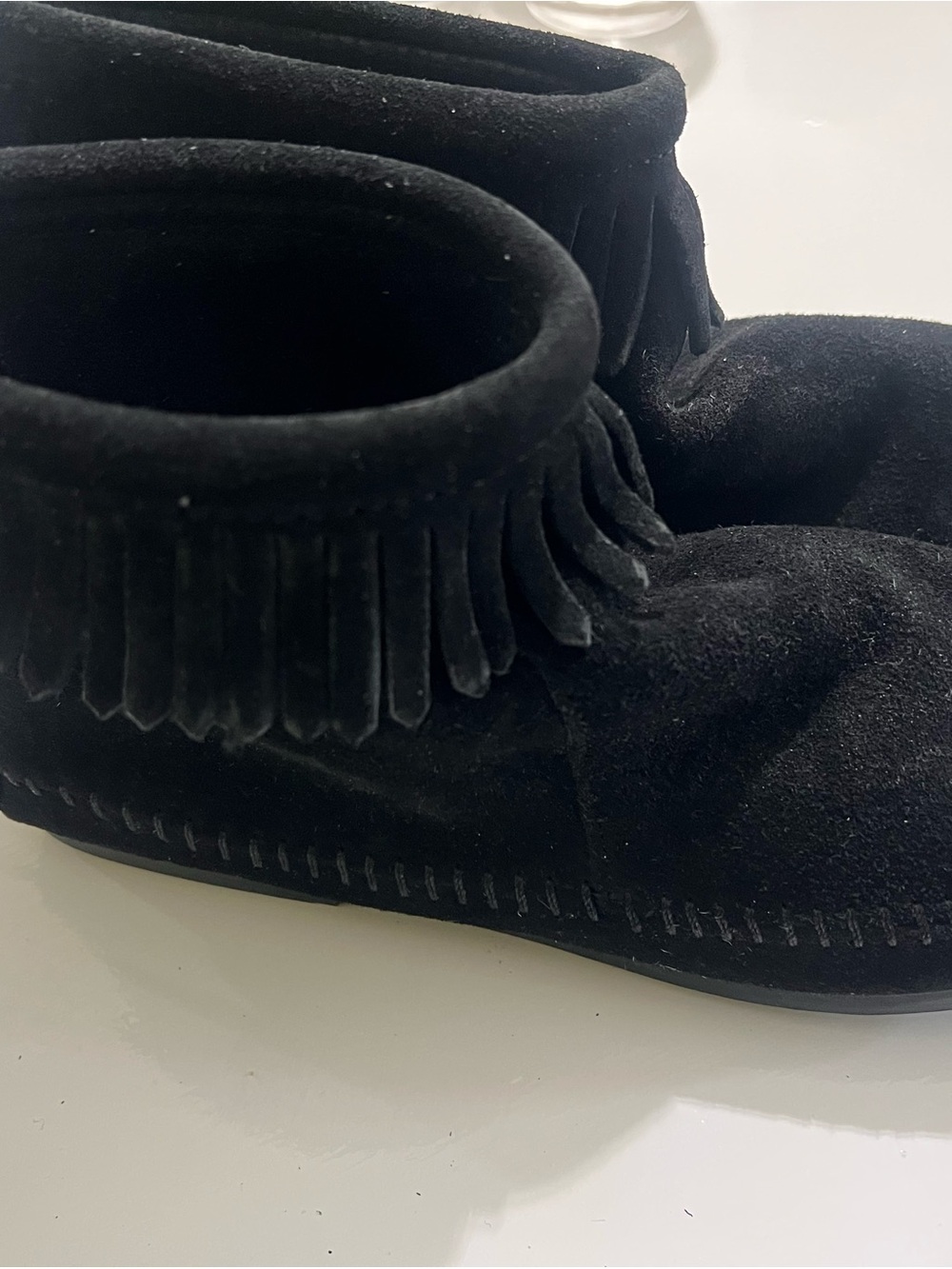 Minnetonka Black Suede Fringe Ankle Booties